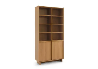 Produktbild von BETTSO Bücherregal SUNA Japandi Standregal Eiche Caramel grifflos Schrank 4 Türen 12 Fächer, 98x200x39 cm, Wohnzimmer, Saugroboter-geeignet