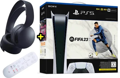 Sony Playstation 5 Digital Edition(OHNE LAUFWERK) mit FIFA 23 DLC + Sony Pulse 3D Kopfhörer und Sony Medienfernbedienung PS5
