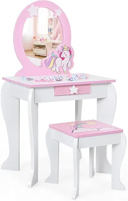 Produktbild von Kinder Schminktisch mit Hocker, Prinzessin Frisiertisch mit Schublade und Abnehmbarer Spiegel, Frisierkommode rosa, Schminkkommode für Mädchen von 3-7 Jahren (Weiß)