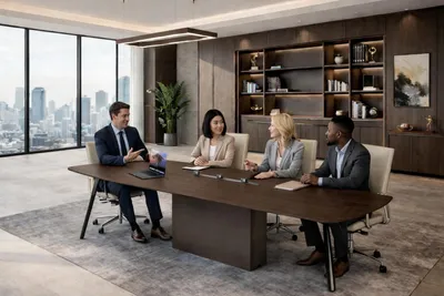 Image de Table de conférence robuste, de couleur marron, design moderne, en bois