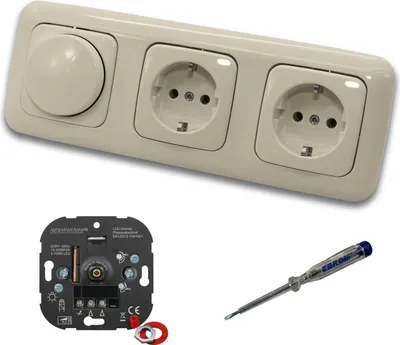 Produktbild von EBROM 1001 LED Drehdimmer Dimmer + Busch Jäger Dimmerscheibe 2115-212 und 2 x Steckdose 20EUC-212 in DURO2000 cremeweiß glänzend inklusive EBROM Phasenprüfer zur Montage der Geräte