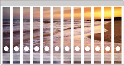 Produktbild von Wallario Ordnerrücken Sticker, selbstklebend für schmale Ordner, 12 Stück, Motiv Sonnenuntergang am Strand - Abendspaziergang