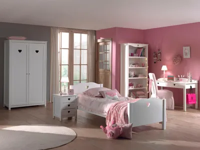 Produktbild von Einzelbett Nachtkonsole Kleiderschrank, Schreibtisch und Regal Set Amori Weiß
