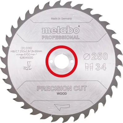 Produktbild von Metabo Sägeblatt precision cut wood - professional 250x2,8/1,8x30, Z34, Spanwinkel 15°, Wechselzahn