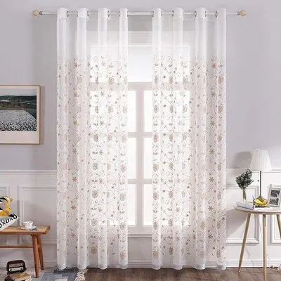 Productafbeelding van Ibenzoa® Transparante gordijnen met bloemenborduurwerk, met oogjes – 260 x 140 cm, set van 2, 100% polyester, bieden privacy