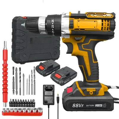 Image de Perceuse-visseuse à batterie - Perceuse sans fil 21V - Couple de 28 Nm - 25+3 réglages de vitesse - 1600 tr/min - 340W - Prise européenne - Jaune