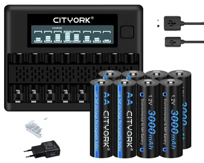 Obrázek produktu pro Sada nabíjecích baterií, LCD nabíječka, vysoká kapacita, 1 nabíječka pro 8 baterií AA