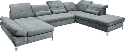 Produktbild von Wohnlandschaft mit verstellbaren Kopfstützen und Schlaffunktion in Mikrovelours anthrazit, U-Form mit Bettkasten rechts, Serie MUCCIA-09