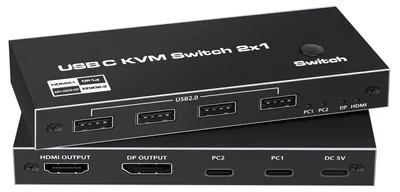 Zdjęcie produktu dla Przełącznik KVM USB-C, typu 2 wejścia, 1 wyjście, z portem USB-C, wyposażony w 4 porty USB 2.0, obsługujący rozdzielczość 8K przy 60 Hz