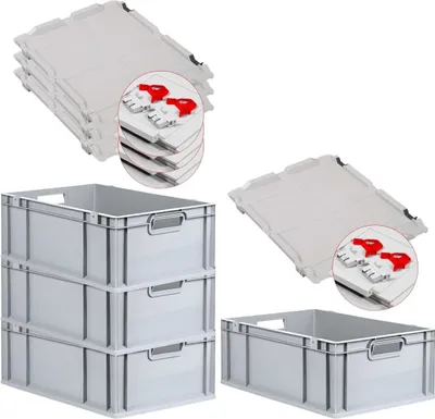 Produktbild von SuperSparSet 4x Eurobox NextGen Economy mit Scharnierdeckel und roten Schiebeschnappverschlüssen | Griffe offen | HxBxT 22x40x60cm | 44 Liter | Eurobehälter, Transportbox, Transportbehälter, Stapelbehälter
