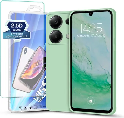 A smartphone case and screen protector are displayed next to a smartphone.