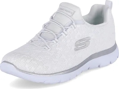 A white Skechers sneaker with silver accents is shown against a white background.
