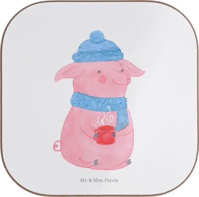 Produktbild von Mr. & Mrs. Panda Tassen Untersetzer Schweinchen Glühwein - Weiß - Geschenk, Getränkeuntersetzer, Tischuntersetzer, Weihnachtsmarkt, Weihnachten, Spruch, Betrunken, Tasse