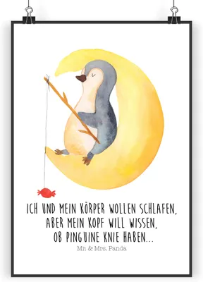 Produktbild von Mr. & Mrs. Panda Bild Pinguin Mond DIN A5 - Weiß - Geschenk, Schlafzimmer, wanddeko, Spruch, Kunstdruck, Plakat, Neugierig, Wandbild, poster, Nachtruhe, Süßigkeiten