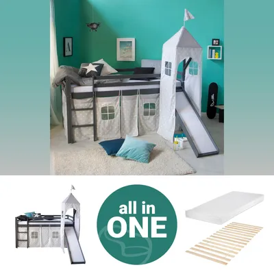 Produktbild von Homestyle4u Kinder Hochbett 90x200 grau mit Matratze Rutsche Turm Vorhang