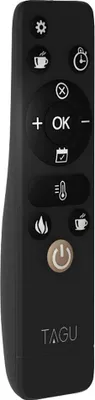 A black remote control for an electric fireplace.