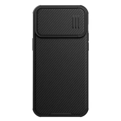 A black phone case with a textured surface and a sliding camera cover.