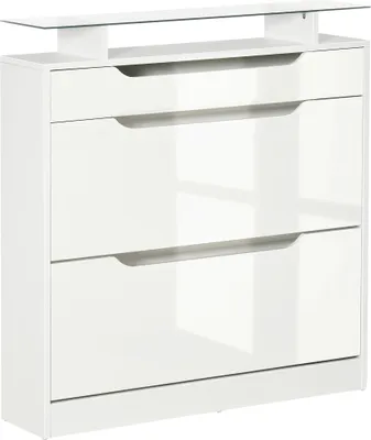 Image de HOMCOM Armoire à Chaussures avec 2 tiroirs rabattables + 1 tiroir Coulissant + 1 comptoir et 1 Plateau en Verre étagère réglable sur 2 Niveaux 89 x 23 x 96 cm blanc