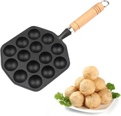 Takoyaki-Pfanne, 14 Mulden, Gusseisen, antihaftbeschichtet, abnehmbarer Griff