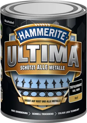 Produktbild von Hammerite Metallschutzlack Ultima Matt, Hochwertiger Schutzlack für alle Metalle im Außenbereich, Tiefschwarz, RAL 9005, 750 ml