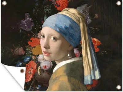 Produktbild von MuchoWow® 120x90 cm Outdoor-Poster Gartendeko Sichtschutz Garten Poster für den Garten  Das Mädchen mit dem Perlenohrring - Vermeer - Blumen
