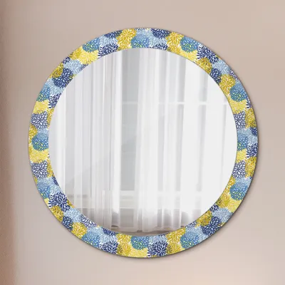 Produktbild von Spiegel mit Grafiken – Modern Spiegel - Dekorative Spiegel – Schminkspiegel - Rundspiegel - Blau Blumen - Rund: Ø80cm
