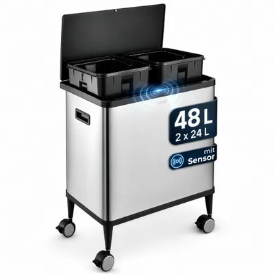 Image de Poubelle avec capteur, capacité 48 litres, pour le tri des déchets, avec 2 compartiments de 24 litres chacun, en acier inoxydable