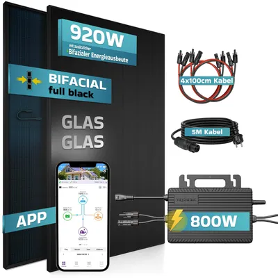 Produktbild von SUNNIVA 920W Balkonkraftwerk BIFAZIAL FULLBLACK komplett Steckdose VAYSUNIC VM800WE-BE-P2 800W Wechselrichter, Solaranlage 2x460W Glas Solarmodule
