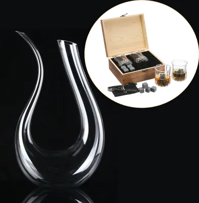Produktbild von Whisky Steine Geschenkset 2 Stück 200ml Whisky Gläser, 8 Whisky Eiswürfel Wiederverwendbar und 1 Zange, mit 1,5 L Kristallglas U-Förmigen Weinausgießer Wein Dekanterke für Männer/Vatertag