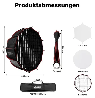 Imagen del producto de Multiblitz Deep Rota Softbox SF-65 para flashes de estudio y luces LED continuas, con rejilla y difusores. Ideal para fotografía de retrato e iluminación de video