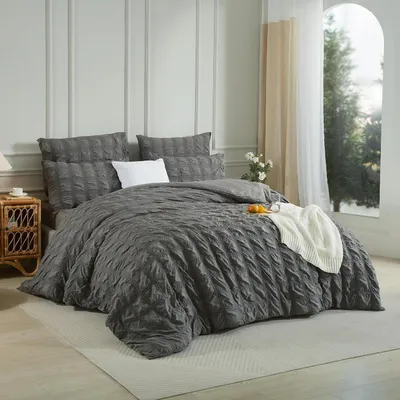 Produktbild von Seersucker Bettwäsche 220x240cm Kariert Grau 3tlg. Set mit 2 Kissenbezügen 80x80cm, Bügelfrei, Kühlend