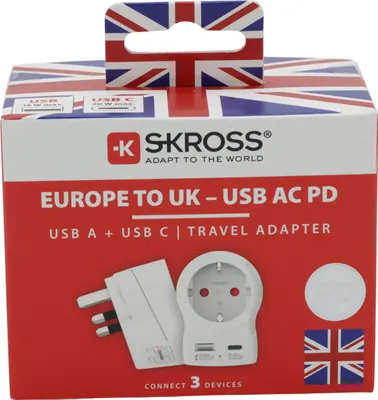 Image de Adaptateur de voyage Europe to UK + USB A+CPD 20W