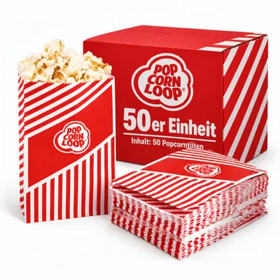 Produktbild von Popcornloop 50 er Popcorntüten Popcorn Box Tüten Candy Bar Tüte Hochzeit Papier Süßigkeiten Boxen für Party Papier Behälter Rot Weiß Beige Gestreift