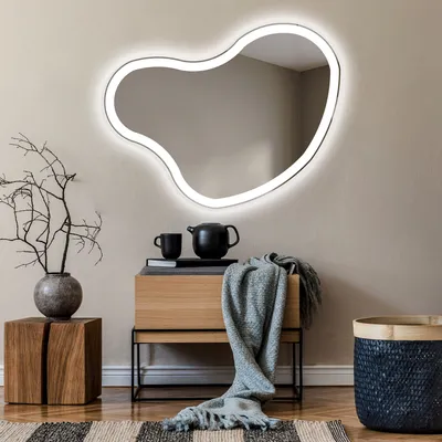 Produktbild von Unregelmäßiger asymmetrischer Spiegel mit LED Beleuchtung 114x94 cm - mit LED Beleuchtung - LED Farbe Kaltweiß 7000K - Individuell Nach Maß - Beleuchtet Wandspiegel Lichtspiegel Badezimmerspiegel NER222