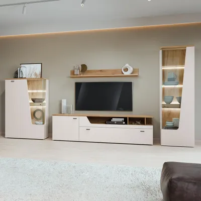 Produktbild von Wohnwand in Kaschmir & Eiche mit Highboard, Wandboard, Lowboard & Vitrine, 4-teilig - CARMONA-129