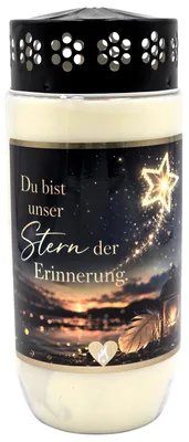 Produktbild von 8 Tage Premium Design Grabkerze mit Goldapplikation & Spruch: „Du bist unser Stern der Erinnerung.“