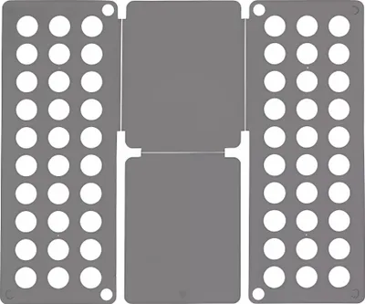 A gray folding board for clothes is laid flat on a white background.
