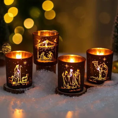 4er-Set Theelichthalter aus Glas, Weihnachtskrippe, Schwarz-Gold, 8 cm