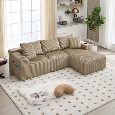 Immagine prodotto di MODFU divano angolare con chaise longue e due posti, divano relax/divano lounge con 5 cuscini, imbottito con tasche laterali e portabicchieri, kaki