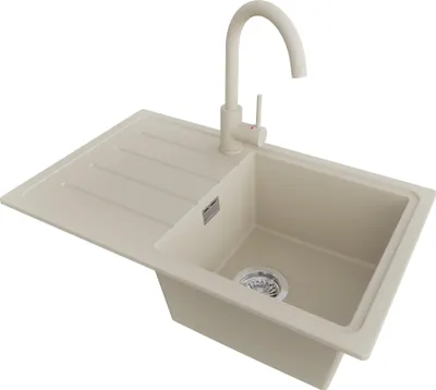 Produktbild von PRIMAGRAN Granitspüle Beige 70x44cm, Spülbecken 1 Becken + Küchenarmatur 32x20cm + Ablauf-Set, Küchenspüle ab 45er Unterschrank - Kopenhagen Easy