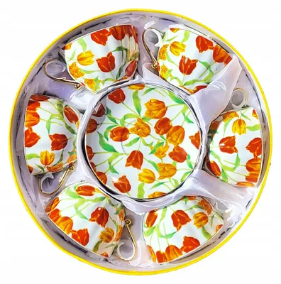 Zdjęcie produktu dla Zestaw 6sztuk FILIŻANKA 250ml Kwiaty Tulipany złoty brzeg Cienka Porcelana