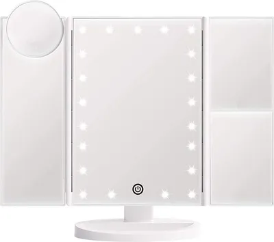 A white tri-fold makeup mirror with LED lights and a power button.