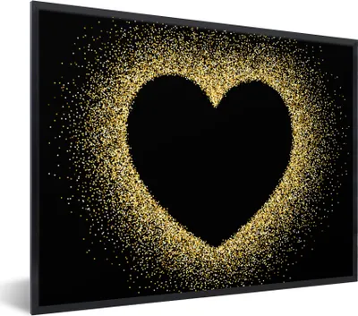 Produktbild von MuchoWow® Gerahmtes Poster Goldenes Herz auf schwarzem Hintergrund 80x60 cm - Poster mit Schwarzem Bilderrahmen Wandposter Rahmen Foto Bilder - Schwarzem - Mit Gestell