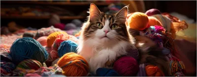 Produktbild von Wallario selbstklebendes Poster - Katze in einem Berg von Wollknäuel, Größe: 50 x 125 cm