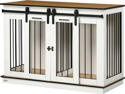 Produktbild von Hundekäfig, Haustierkäfig, Hundehütte mit Zweiraum-Option für Mittelegroße Hunde, Hundebox mit Doppeltüren, Hundehaus, Weiß, 120 x 60 x 88,5 cm Aosom