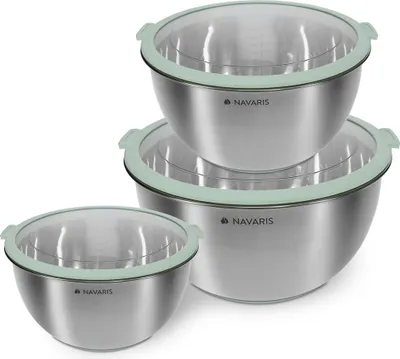 Produktbild von Navaris Edelstahl Schüssel Schale mit Deckel - 3-teiliges Set Rührschüssel Salatschüssel - Edelstahlschüssel Schüsselset Behälter in Mintgrün