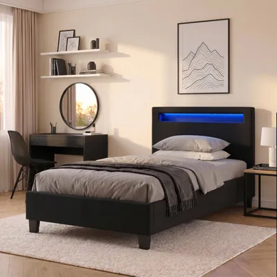 Produktbild von Polsterbett HIMALAYA mit LED Beleuchtung Einzelbett Jugendbett 90x200 cm mit Lattenrahmen, Stoffbezug in schwarz