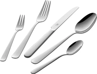 A set of polished silverware, including forks, a knife, and spoons, arranged on a white background.