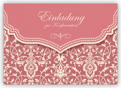 Produktbild von 4x Elegante Vintage Einladungskarte mit Retro Damast Muster in zartem alt rosa für junge Damen: Einladung zur Konfirmation