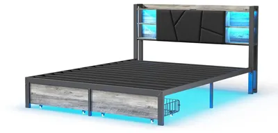Produktbild von Bettgestell - Doppelbett 160×200 cm - Stauraumbett mit 2 Schubladen - LED-Beleuchtung mit USB - PolyurethanKopfteil - Belastbar bis 350 kg - Schwarz